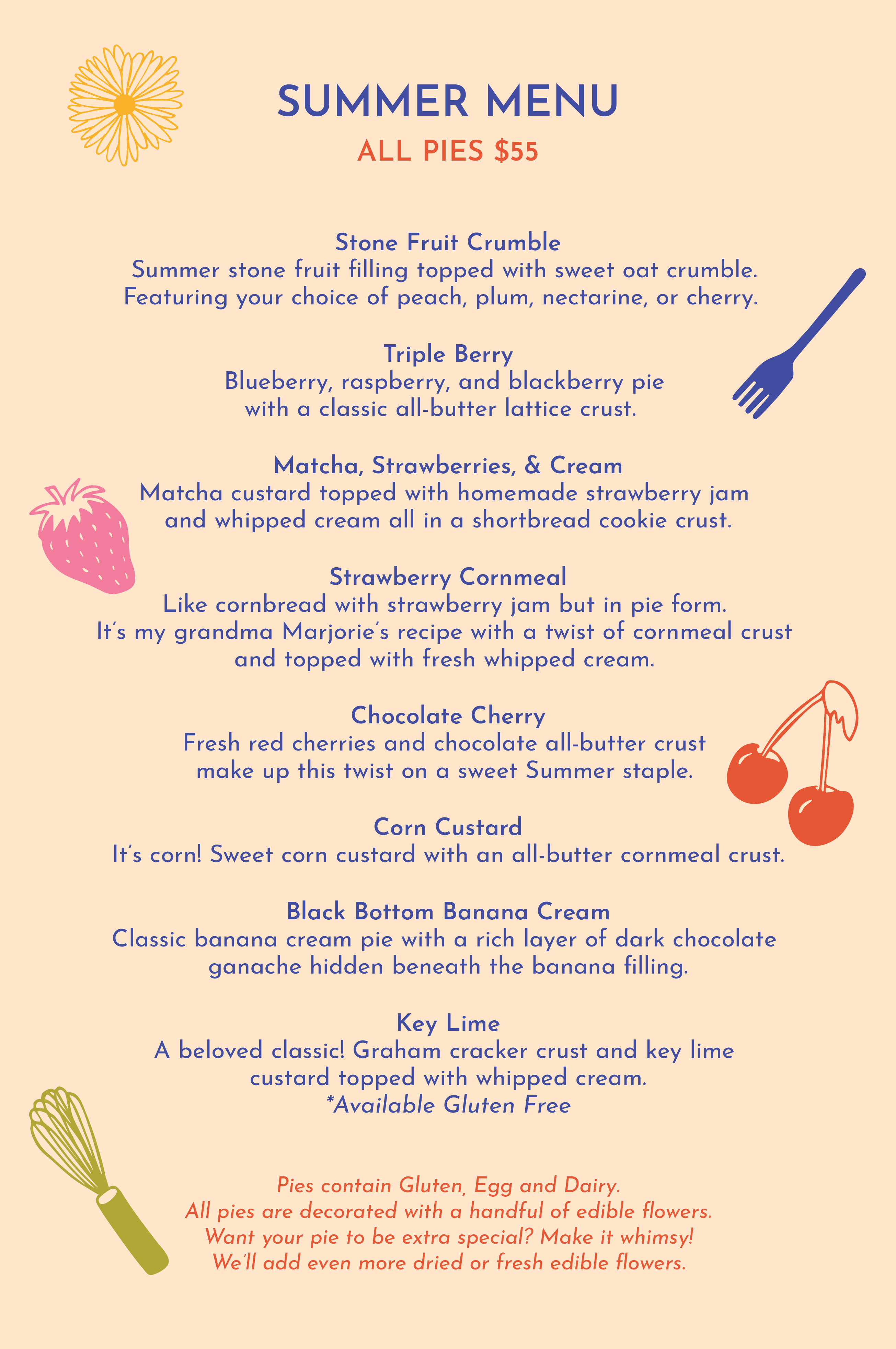 & Friends Summer Menu — all pies $55